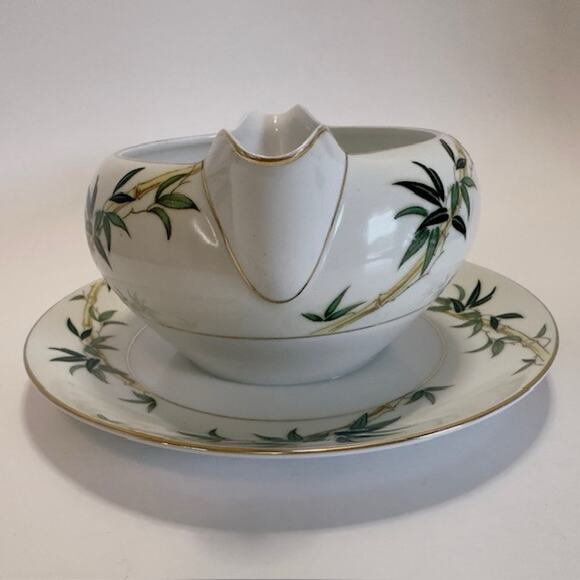 Kent Bali Hai China Gravy Boat/Attached Underplate Bamboo On Rim, Cream Rim VTG - Picture 9 of 16